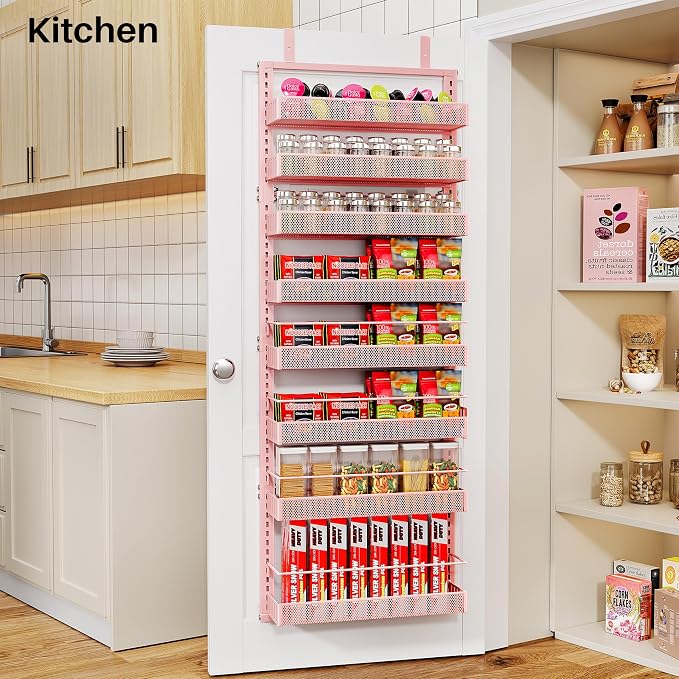 SNTD 8 Tiers Over the Door Organizer - Height Adjustable Pantry Organizers and Storage with Dense Mesh Baskets, Anti-Swing Hanging Door Spice Rack for Kitchen Bathroom (Pink, 17" W x 6" D x 69" H)