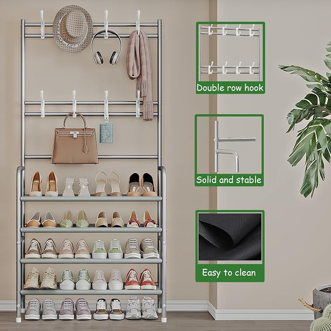 Coat Rack Shoe Rack With Storage Hooks Standing Organizer 4 Tier | Metal Freestanding Hall Tree for Clothes Hats bag Scarves Space Saving Design for Entryway Bedroom living Closet Office,Grey