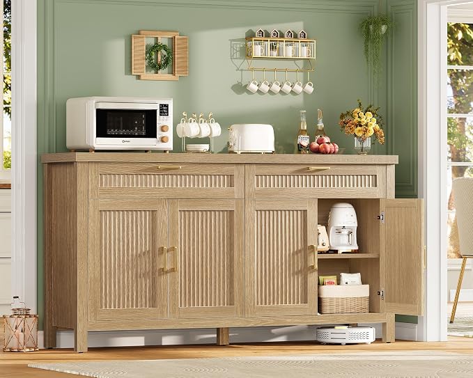 usikey 63" Buffet Cabinet with Storage, 2 Adjustable Shelves and 2 Drawers | Large Sideboard Cabinet, Modern Fluted Coffee Bar for Kitchen, Living Room, Natural