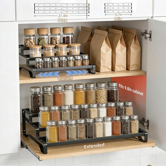 Expandable Spice Rack Organizer for Cabinet 3 Tier Spicy Shelf Black 2Pack | Adjustable Length 13"-21", Easy to See Labels, Sturdy Metal, Slip-Resistant Guardrails for Jars, Cabinet & Countertop Storage