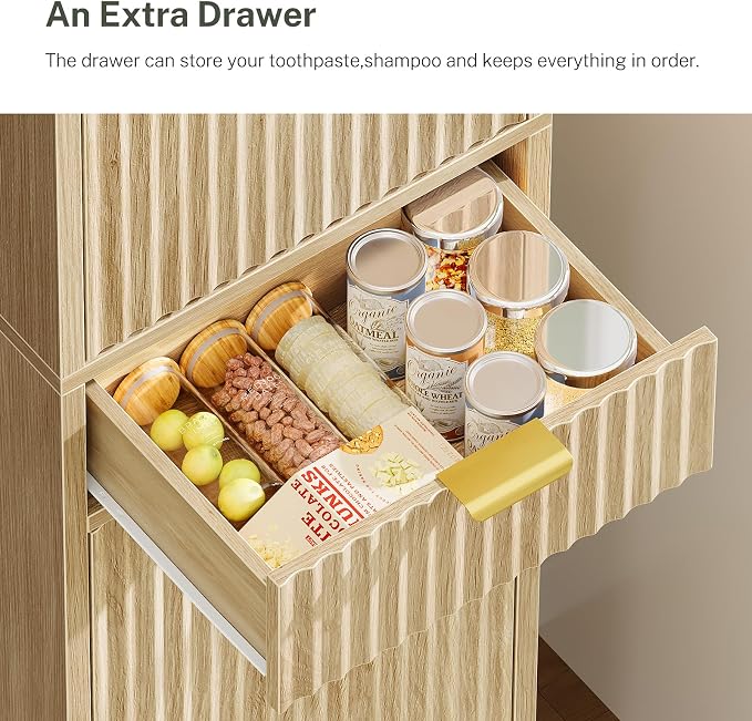 67″ Storage Cabinet with 1 Drawer and 2 Doors,Tall Bathroom Storage Cabinet with Adjustable Shelves, Rattan Fluted Cabinet for Bathroom, Living Room, Kitchen, Natural Oak