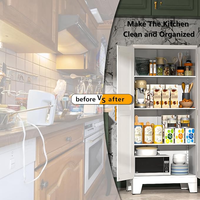 PAOFIN White Metal Kitchen Storage Cabinet, Kitchen Pantry Storage Cabinet with Doors and Shelves, Storage Cabinet with Adjustable Leveling Foot for Kitchen, Living Room and Dining Room. 61" H