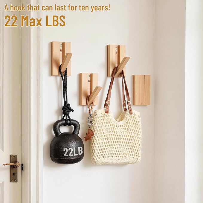 Wall Hooks for Small Space: 2Pack Foldable Wood Natural Coat Hooks | Hangers for Limited Spaces - Hanging Towel Backpack Bags Jacket - Space Saving Minimalist Design for Aesthetic Homeowners