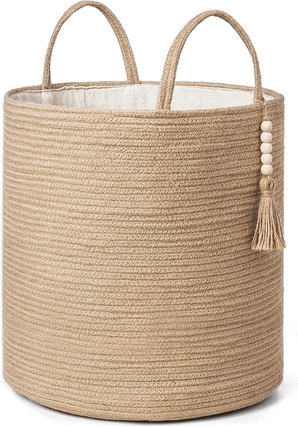 Mkono Tall Wicker Laundry Basket Woven Storage Basket Decorative Natural Rope Basket Wooden Bead Decoration for Blankets,Toys,Clothes,Shoes,Plant Organizer Bin with Handles Living Room 15"Wx17.7"L | Brown, Jute, Decorative Basket with Handle, Wood Bead...