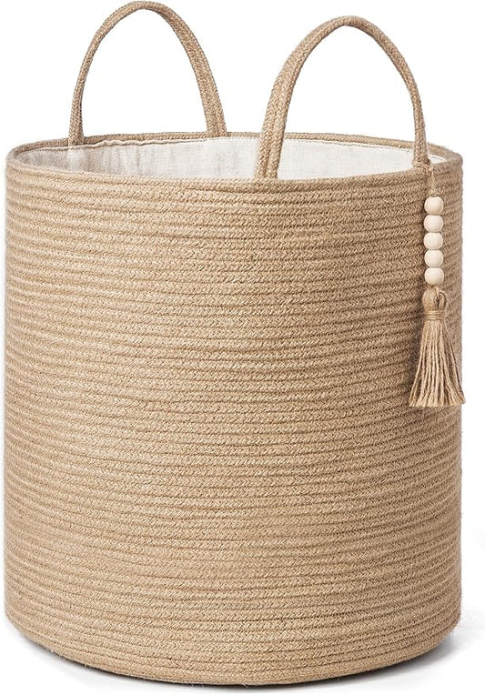 Mkono Tall Wicker Laundry Basket Woven Storage Basket Decorative Natural Rope Basket Wooden Bead Decoration for Blankets,Toys,Clothes,Shoes,Plant Organizer Bin with Handles Living Room 15"Wx17.7"L | Brown, Jute, Decorative Basket with Handle, Wood Bead...