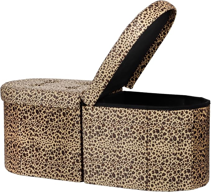 AmasSmile Oval Ottoman Storage Bench, 34" Leather Folding Stool, Leopard | Large Ottoman with Storage, Thicker Foam Padded Seat, Livingroom, Dorm, Bedroom, Entryway, Easy to install, 34 x 13 x 13in