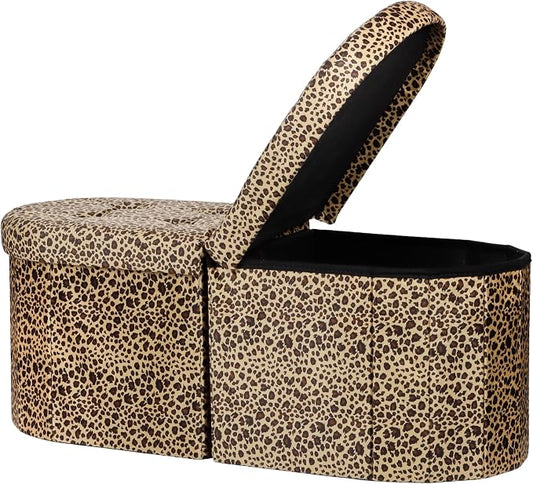 AmasSmile Oval Ottoman Storage Bench, 34" Leather Folding Stool, Leopard | Large Ottoman with Storage, Thicker Foam Padded Seat, Livingroom, Dorm, Bedroom, Entryway, Easy to install, 34 x 13 x 13in