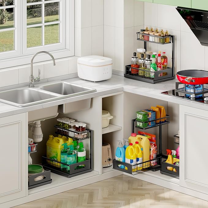 Under Sink Organizer, 2 Pack Cabinet Organizer for Kitchen, Height Adjustable Pull Out Heavy Duty 2 Tier Metal Under Sink Storage for Bathroom Pantry (Black, 2 Pack)