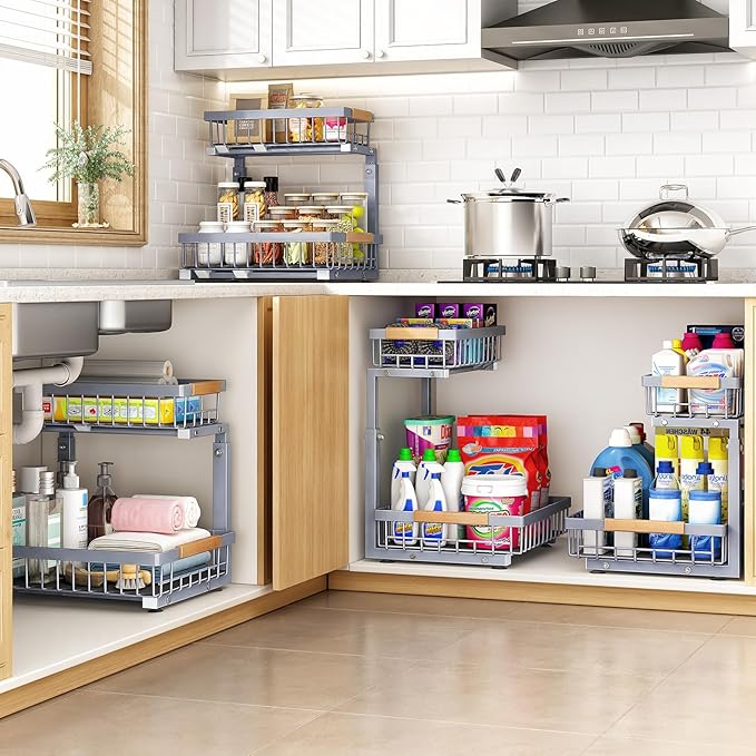 PXRACK Under Sink Organizer, Adjustable Height, 2 Tier Pull Out Under Cabinet Organizer, Slide Out Thickened Metal Under Sink Storage for Kitchen Bathroom Laundry Pantry Cabinet, Grey, Large-2-Pack