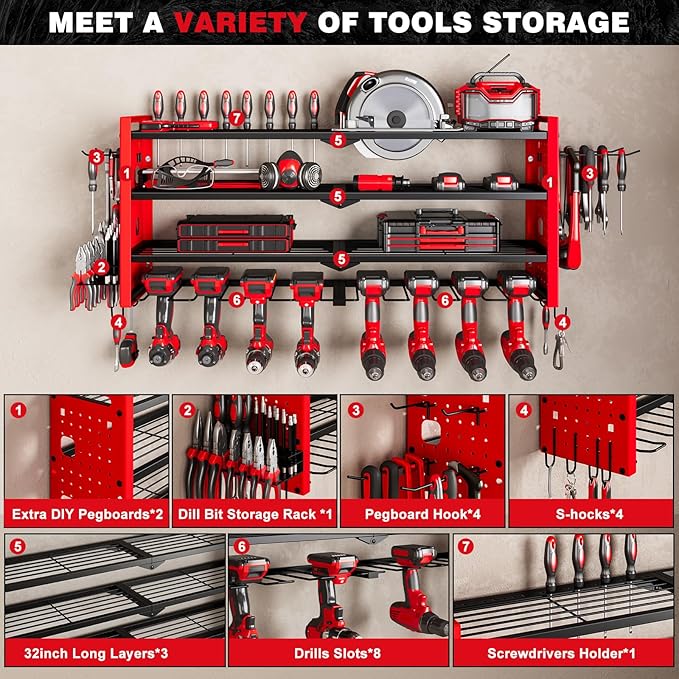 NattyDot Power Tool Drill Holder Wall Mount, 4Tier Garage Organizer, Red | 4-tier Utility Rack Stores 8 Cordless Drills, Batteries and Accessories while Freeing Extra Garage Wall Storage Space