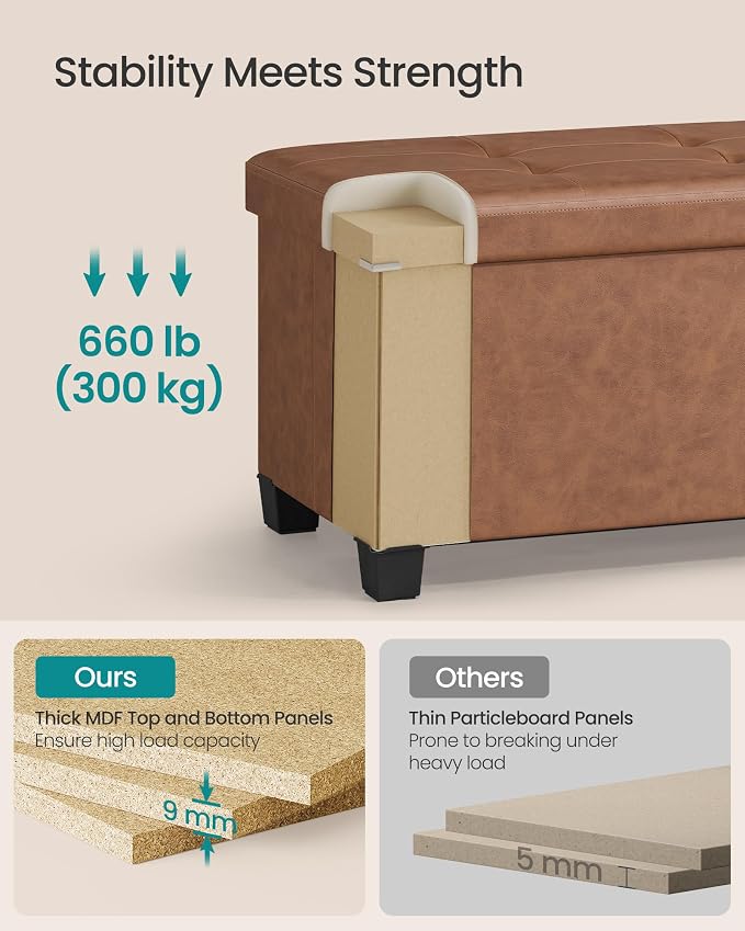 SONGMICS Storage Ottoman Bench with Legs, Folding Ottoman Foot Rest with Flipping Lid, Bench with Storage, for Living Room, Bedroom, Entryway, Synthetic Leather, 43.3 Inches, Coffee Brown ULSF085KQ01