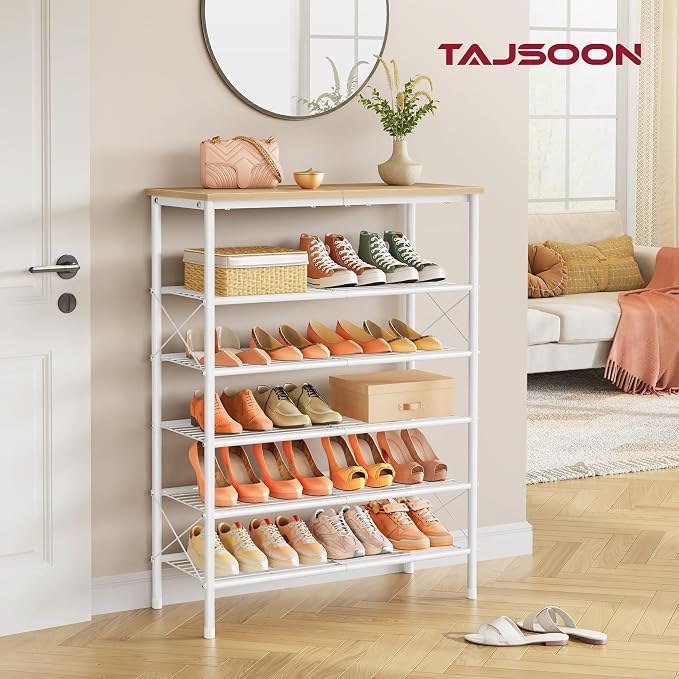 6 Tier Shoe Rack for 20-24 Pairs of Shoes, White Log | Sturdy & Durable, X Shape Fixed Frame, Metal Mesh Shoe Shelf, Industrial, For Closet, For Entryway Shoe Storage