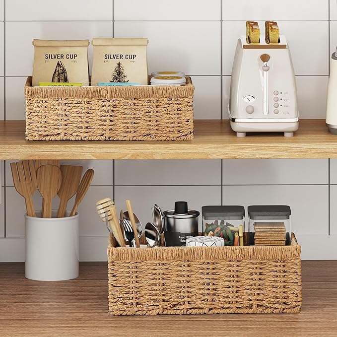 Wicker Storage Basket, Set of 2 Toilet Paper Storage Basket, Paper Rope Toilet Organizer Basket for Countertop, Storage Basket for Over Toilet Shelf, Decorative Storage Bins for Home Decor, Natural