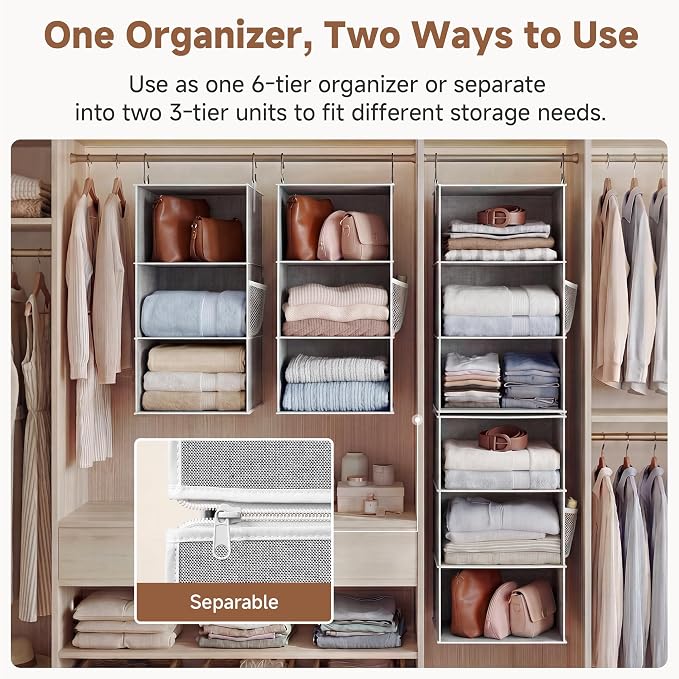 StorageWorks 6-Shelf Closet Organizers, Two 3-Shelf Separable Hanging Shelves for Close, 12 1⁄2" D x 12 1⁄2" W x 47 ¼" H, Canvas, Gray