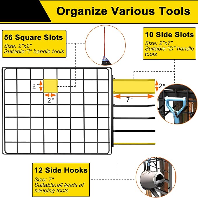 GIOTORENT 6 Tier Garden Tool Organizer, Garage Storage and Organization, Metal Yard Tools Storage Rack, Heavy Duty Garden Tool Organizer for Garage, Yard, Patio, Shed, Indoors and Outdoors, Black