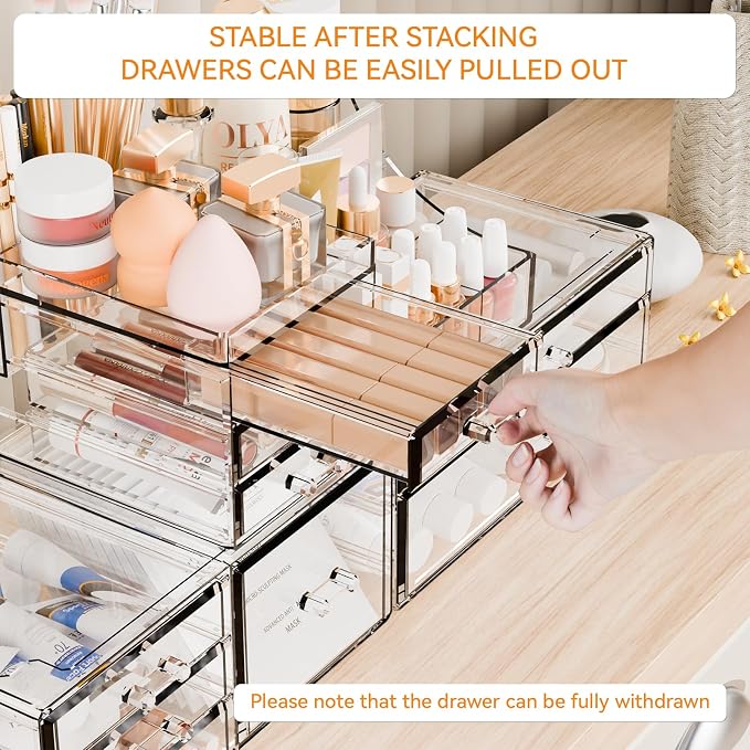 3 Pack Clear Makeup Organizer Countertop for Dresser,Vanity and Bathroom Counter Organizer,Tiered Stackable Makeup Acrylic Organizers with 9 Drawer for Skincare,Brush and Make up Holders