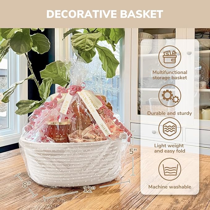 CHICVITA Woven Basket for Gifts with Bags & Ribbon, Dog Toy Basket, White | 12"x 8"x 5" Rope Gift Basket Empty to Fill for Baby Shower, Gift Basket for Organizing, Holiday Basket, Toy Storage for Kids