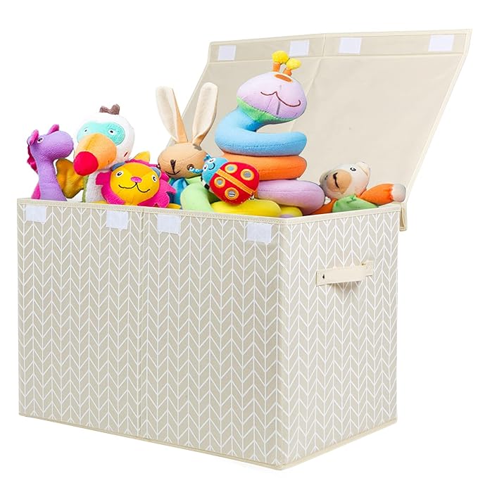 Mayniu Kids Toy Storage Box Chest with Lid, Sturdy Toy Bin Organizer for Kids, Girls, Boys, Living Room, Nursery, Bedroom, Playroom 25"x13" x16" (Beige)