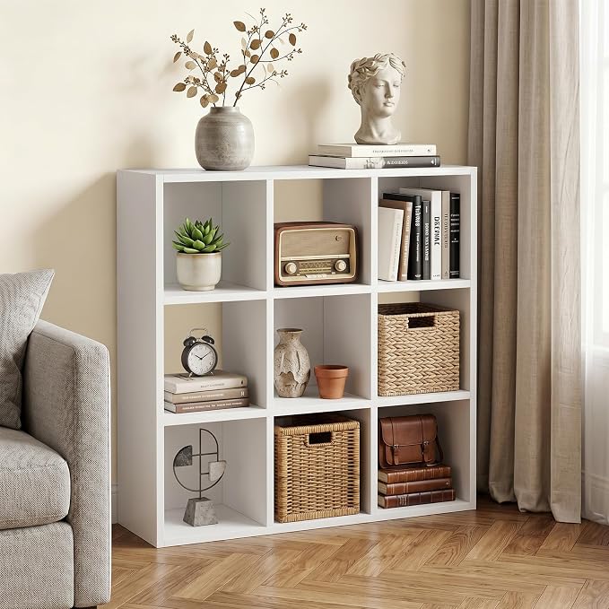 LUCKLIFE 9-Cube Storage Organizer, Stackable Modular Bookcase Shelf with Vertical or Horizontal Use, Fits 11×11" Bins, Optional Back Panels, for Living Room, Office, White
