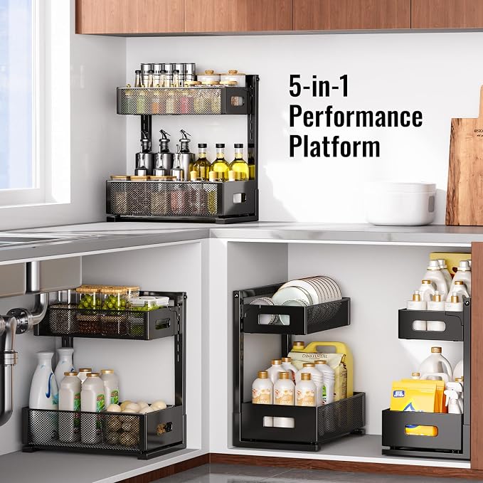 TISTAYA Under Sink Organizer, Silk-Smooth Metal Sliding Drawer Organizers and Storage Rack, Pull Out Cabinet Shelf for Kitchen, Bathroom, Pantry, Cabinet, Closet