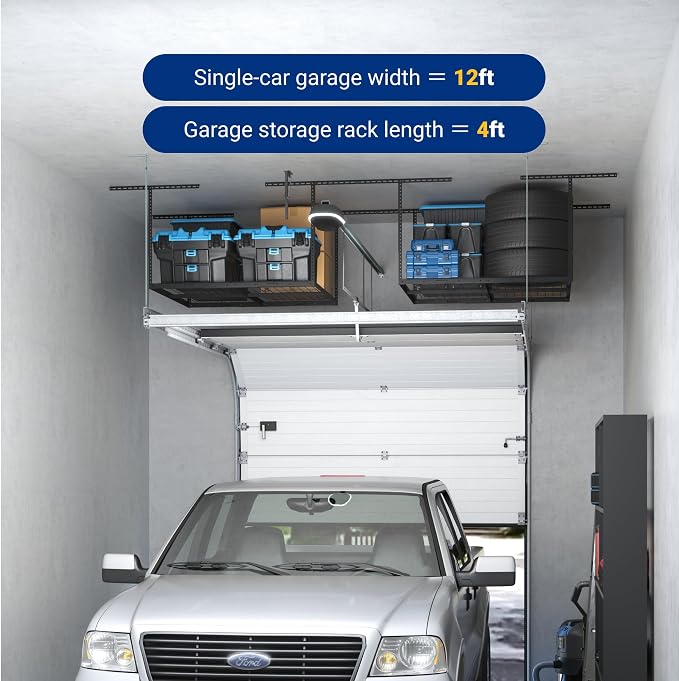FLEXIMOUNTS 4x4 Overhead Garage Ceiling Storage Rack Organization, Black | 350lbs Weight Capacity, 22"-40" Adjustable Organization System, Heavy-Duty Metal Ceiling Racks, Classic Series