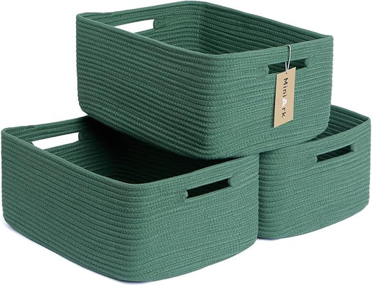 MiniArk Large Storage Baskets for Shelves, 17 x 13 x 7.5” Closet Organizers Bins for Clothes Blanket Towels, Baby Nursery, Toy Baskets Box, Woven Rope Baskets, 3 Packs Green