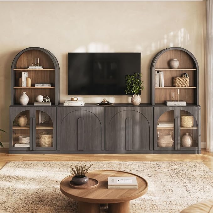 BELLEZE TV Stand Storage 4 Piece Set, Modern Modular Entertainment Center with Storage Tall Media Console with Glass Doors, Wood Side Cabinets for Living Room, Ebony
