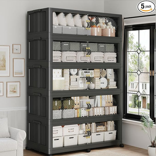 1200QT Extra Large Stackable Storage Bins with Lid, 300Gal Plastic Closet Organizers and Storage Drawer, Collapsible Cabinet Box with Wheels Clear Doors for Home Kitchen Garage, 5Pack Black