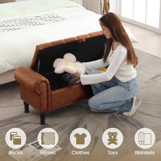 YOUDENOVA 51" Entryway Bench with Storage, PU Leather End of Bed Bench with Tufted Button, Upholstered Ottoman Bench with Rolled Arms for Living Room, Storage Room, Bedroom, Brown