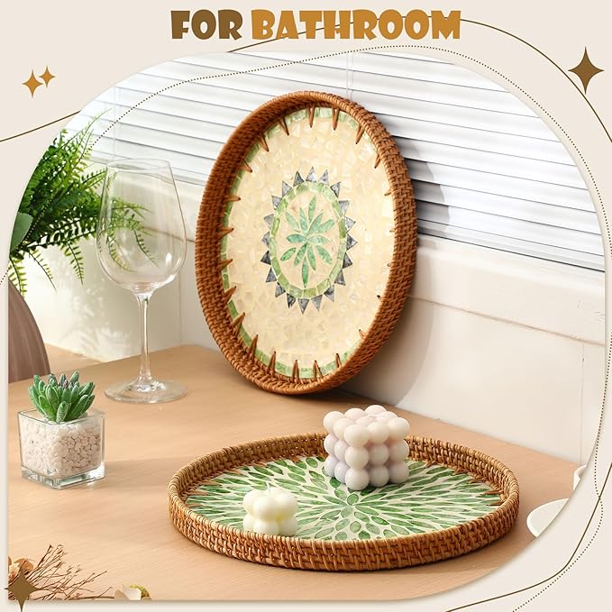3 Pcs Round Rattan Tray with Mother of Pearl Inlay Wicker Serving Tray with Wooden Base Boho Decorative Wicker Basket for Table Decor Bathroom Candle Perfume(Classic Style)