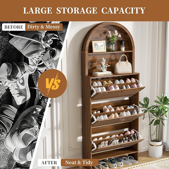 78.7'' Tall Shoe Storage Cabinet for Entryway with 3 Flip Drawers | Arched Design,Hidden Slim Shoe Organizer,Open Storage Shelf, Freestanding Shoe Rack,Large Tabletop Space,Hallway,Walnut