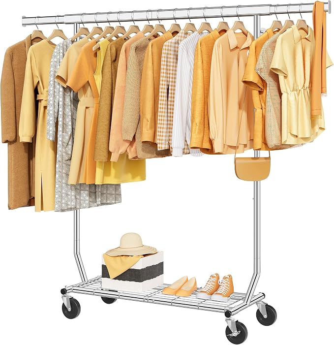 Clothes Rack with Shelf Load 350 LBS, Plating Chrome | Heavy Duty Collapsible Clothing Rack for Hanging Clothes, Extendable & Adjustable, Garment Rack with Wheels for Bedroom