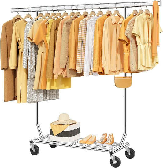 Clothes Rack with Shelf Load 350 LBS, Plating Chrome | Heavy Duty Collapsible Clothing Rack for Hanging Clothes, Extendable & Adjustable, Garment Rack with Wheels for Bedroom