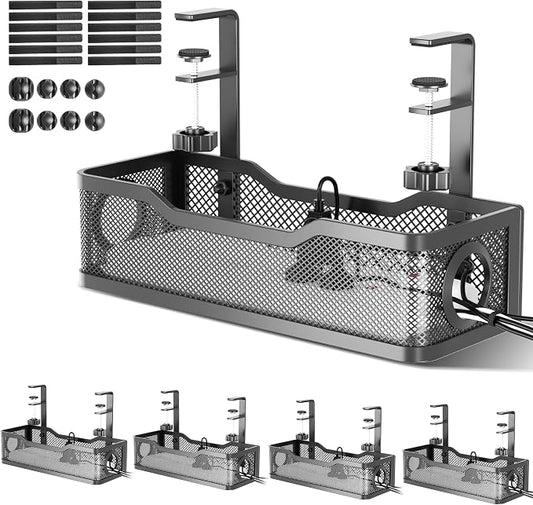 Cinati Under Desk Cable Management Tray White,13.5" Wire Organizer No Drill | 4 Pack, Metal Cable Tray with Clamp for Wire Management, Cord Organizer Box for Office Home Standing Desk, No Damage to Desk