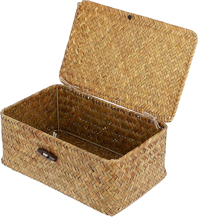 Hipiwe Small Woven Shelf Baskets Bin with Lid Seagrass Wicker Storage Box | Handmade Seagrass Basket Organizer Rectangular Household Basket Boxes for Shelf Wardrobe Home Decor, Caramel