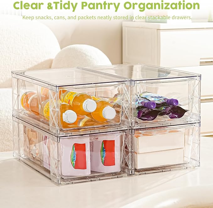 4 Pack Acrylic Storage Drawers, Clear Stackable Storage Drawers, Acrylic Organizers Drawers for Under Sink, Pantry, Bathroom, Makeup Organizers Cosmetic Display,Classroom Storage Organization, Medium