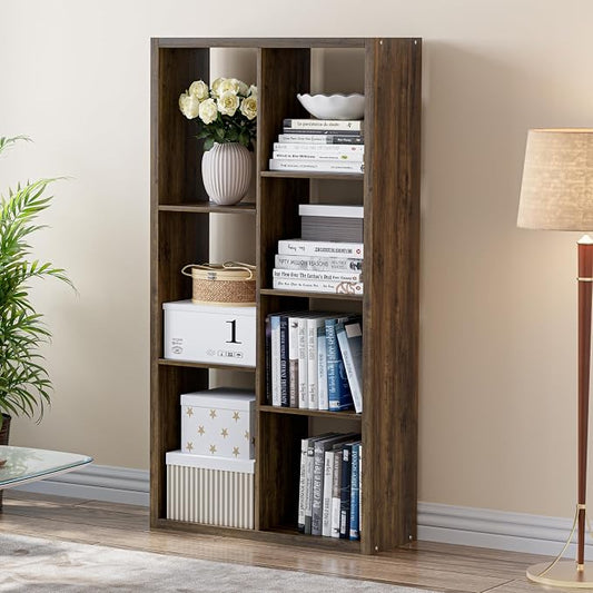 VDNEND Cube Storage Organizer Bookcase, Decorative 11 inch Open Back Cubical Shelf with Thickened Border, Display Bookshelf for Living Room, Home Office, Sturdy Room (Brown, 7 Cube)