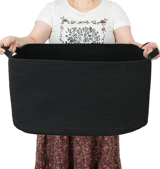 XUANGUO Large Rectangle Woven Cotton Rope Blanket Basket 22"x17"x12" Black | Storage basket for nursery and living room; toy basket for kids, dog toy storage, or laundry basket for clothes and towels.