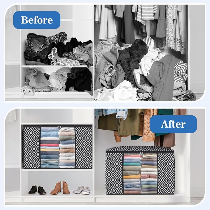 100L 2 Pack Storage Bags, Foldable Clothes Bins with Clear Window, Black | Blanket Storage Containers with Reinforced Handles for Bedding, Comforters, Clothing, Quilts and Closet Organization