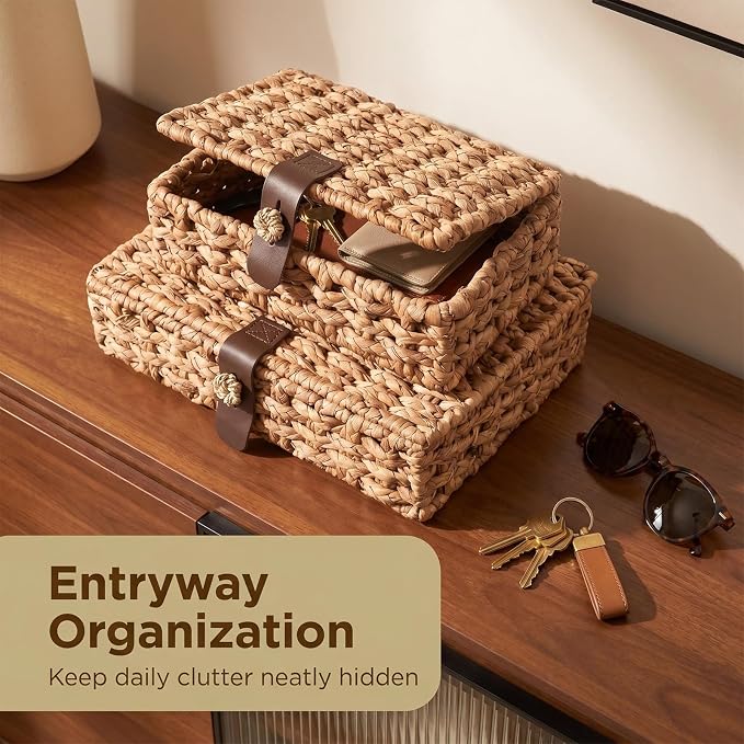 2 Pack Wicker Storage Basket with Lid, Woven Box with Lid, Wicker Basket With Lid for Shelf, Coffee Table, Console Table, Home Deco (Large/Small)