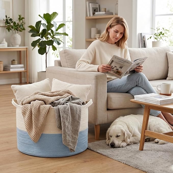 90L Large Blanket Basket,Woven Laundry Basket-White&Blue | Collapsible, reinforced handles, nursery storage bin organizes clothes, toys and pillows for living room, bedroom bathroom