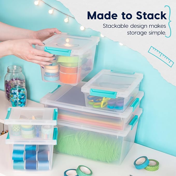 IRIS USA Storage Bins with Lids |Made in USA| 1 Qt - (6-Pack) - Clear | Sensory Craft Organizers, Plastic Clip Box Totes, Flat Containers for Organizing Paper, Office, Art & Study Supplies