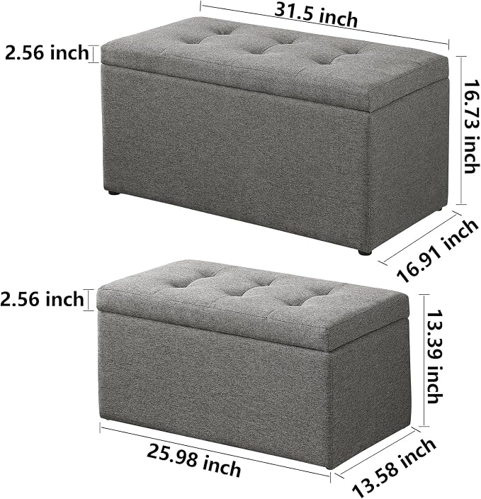 Storage Ottoman Bench with 2.56-inch Thick Seat, 31.5 inch Nesting Ottoman Set of 2, Hinged Flip Top Bench with Storage for Living Room, Bedroom, Light Grey