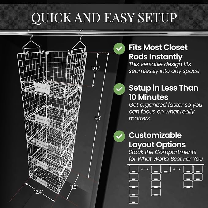 DECOLURE 5-Tier Adjustable Hanging Closet Organizer – Maximize Hanging Storage w/ 4 Hanging Hooks, 8 S Hooks & 5 Name Plates - Sturdy Foldable Wire Storage Hanging Shelves for Clothes, Towels (White)