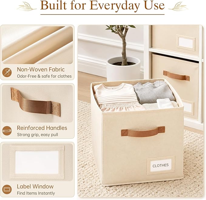 Storage Cubes 10 Pack, 11 Inch Fabric Storage Cubes Organizer Bins with Labels, Odor-Free & Sturdy PP Structure, Cubby Baskets for Closet, Shelves, Toys & Nursery (Beige)