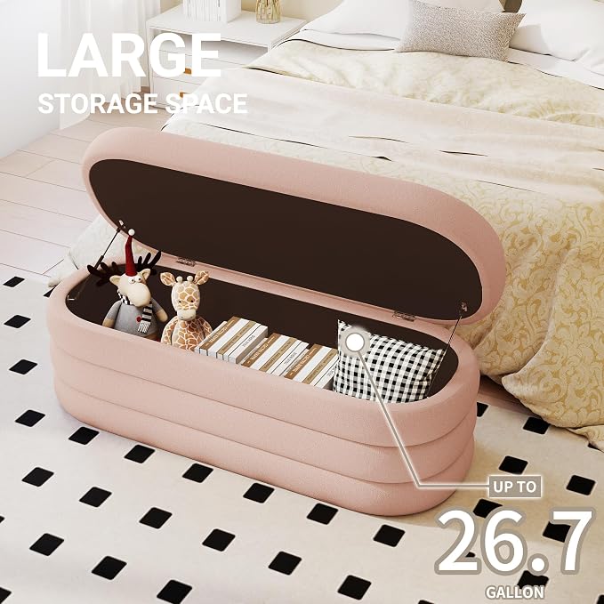Busaurus Storage Ottoman Bench 49.2 Inch Upholstered Fabric Storage Bench for Bedroom End of Bed Aesthetic Large Oval Ottoman for Living Room Entryway (Pink)
