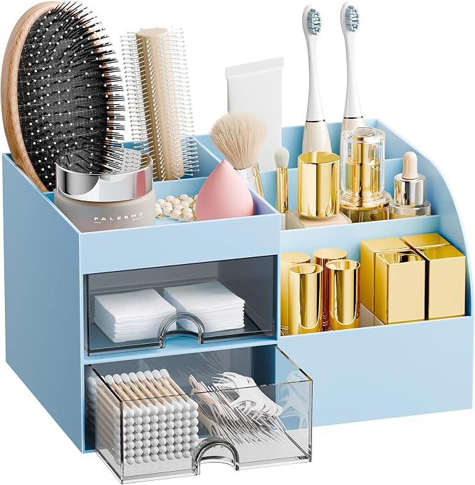 Makeup Organizer with 2 Drawers, Makeup Organizers Countertop for Vanity and Bathroom, Make up organization and Skincare Storage with Brush Holder, for Dresser, Desktop, Cosmetic Display Case (Blue)