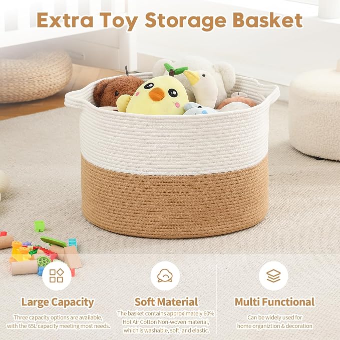 Foldable Laundry Hamper Basket with Collapsible Handle Cotton Rope Soft Woven Fabric Storage Organizer Clothes Toys Nursery Bedroom Dorm Space Saving Bin (White & Camel, 115L(23.6"D x 15.7"H))