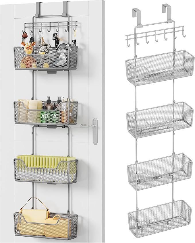 HapiRm Over The Door Organizer - Hanging Door Organizer with 4 Metal Large Capacity Baskets and Adjustable Coat Hook for Bathroom Bedroom Kitchen Pantry Closet Cabinet