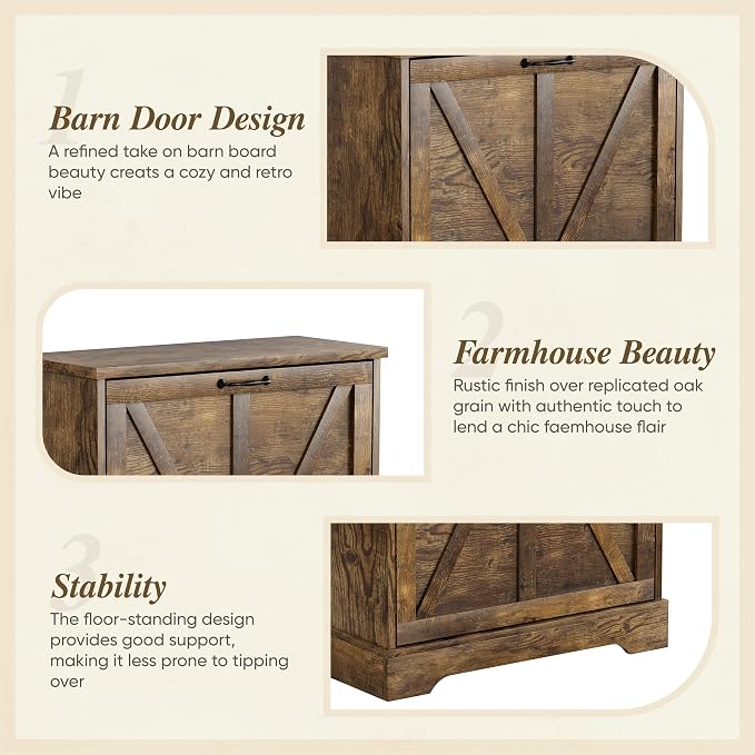 Semiocthome Farmhouse Shoe Storage Cabinet with 2 Flip Drawers, 23.6"(W) Freestanding Shoe Organizer with Barn Door and Metal Handles for Entryway, Corner Narrow Shoe Rack Cabinet - Rustic Brown